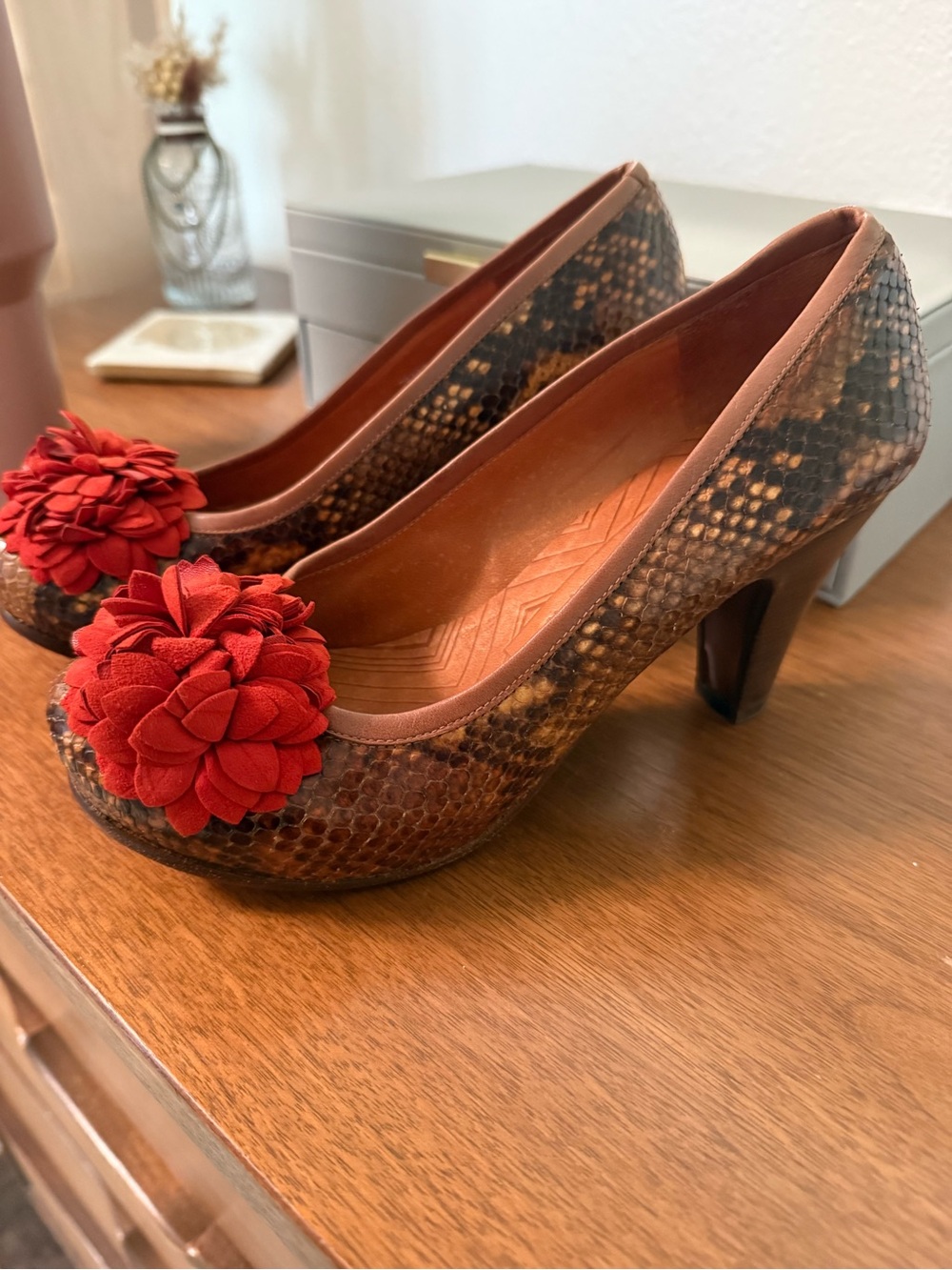 Chie Mihara Brown Snake-Print Pumps with Red Flower Pom Pom